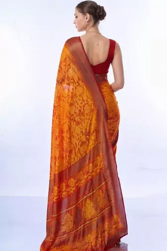 Orange floral brasso fusion saree