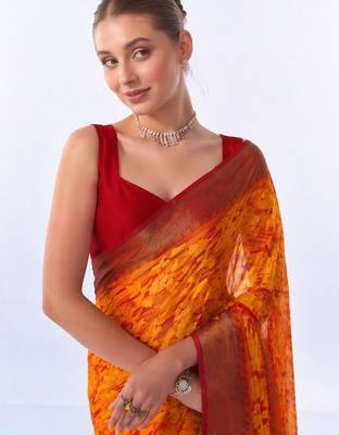 Orange floral brasso fusion saree 4