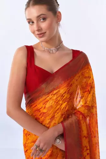 Orange floral brasso fusion saree