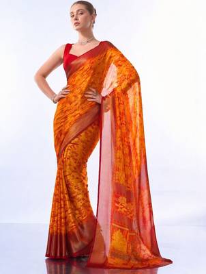 Orange floral brasso fusion saree 5