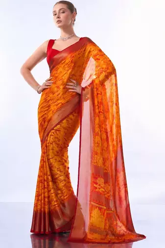 Orange floral brasso fusion saree