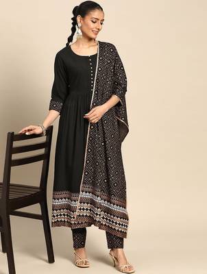 women ethnic motifs printed empire kurta with trousers & with dupatta 1