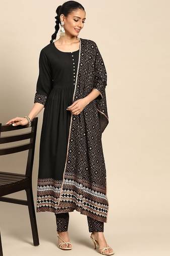 women ethnic motifs printed empire kurta with trousers & with dupatta