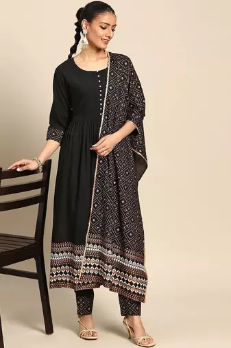 women ethnic motifs printed empire kurta with trousers & with dupatta