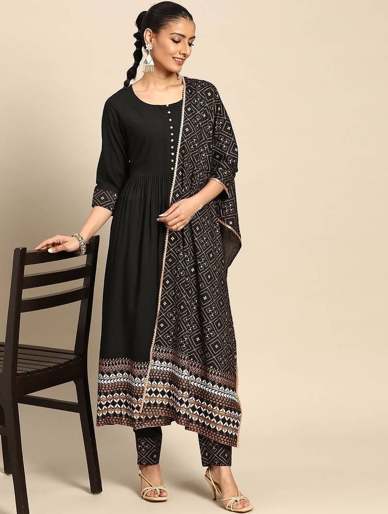 women ethnic motifs printed empire kurta with trousers & with dupatta