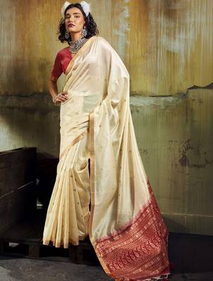 Cream silk blend designer banarasi saree 1