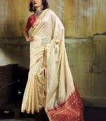Cream silk blend designer banarasi saree