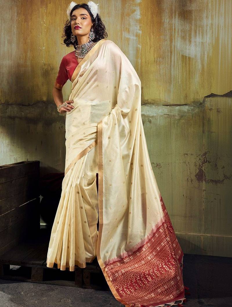 Cream silk blend designer banarasi saree