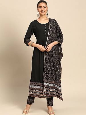 women ethnic motifs printed empire kurta with trousers & with dupatta 5