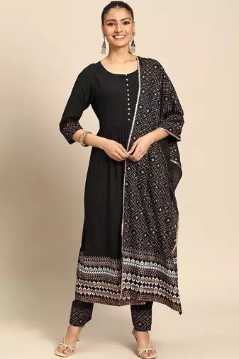 women ethnic motifs printed empire kurta with trousers & with dupatta