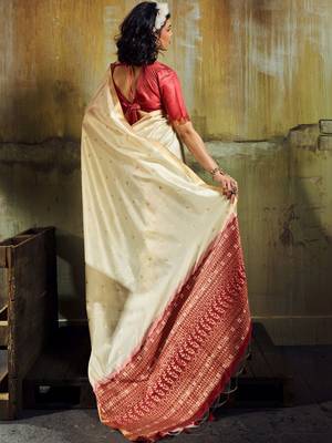 Cream silk blend designer banarasi saree 2
