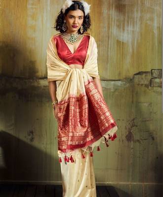 Cream silk blend designer banarasi saree 3