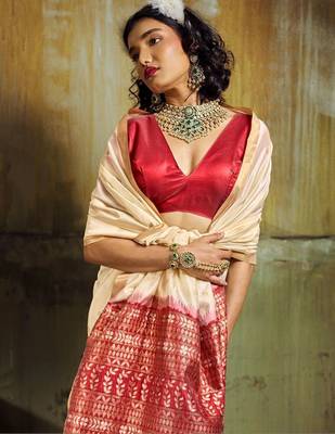 Cream silk blend designer banarasi saree 4