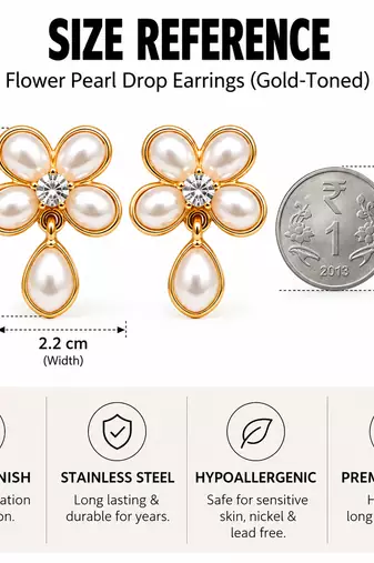 Anti-tarnish, teardrop pendant, stud back, faux pearl petals, festive wear