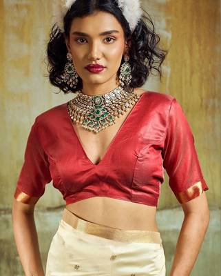 Cream silk blend designer banarasi saree 5