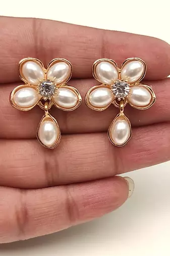 Anti-tarnish, teardrop pendant, stud back, faux pearl petals, festive wear