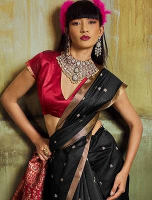 Black women black ethnic motifs zari woven silk blend banarasi saree with blouse piece 1
