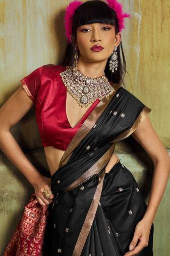 Black women black ethnic motifs zari woven silk blend banarasi saree with blouse piece