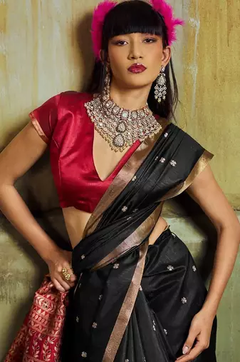 Black women black ethnic motifs zari woven silk blend banarasi saree with blouse piece