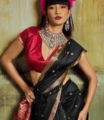 Black women black ethnic motifs zari woven silk blend banarasi saree with blouse piece