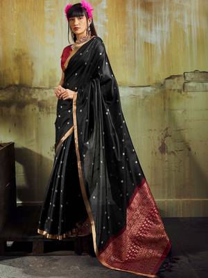 Black women black ethnic motifs zari woven silk blend banarasi saree with blouse piece 2