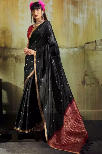 Black women black ethnic motifs zari woven silk blend banarasi saree with blouse piece