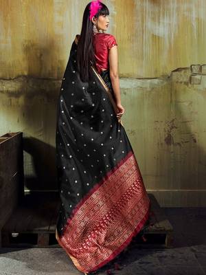 Black women black ethnic motifs zari woven silk blend banarasi saree with blouse piece 3