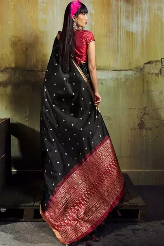 Black women black ethnic motifs zari woven silk blend banarasi saree with blouse piece
