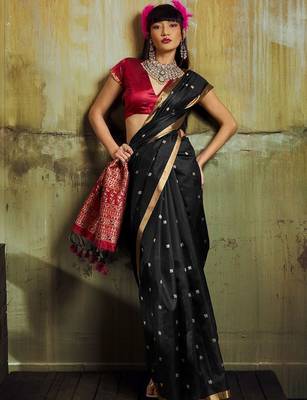Black women black ethnic motifs zari woven silk blend banarasi saree with blouse piece 4