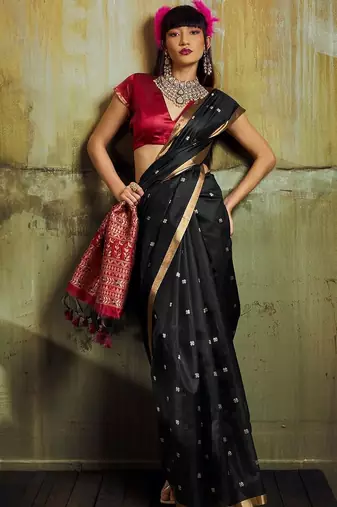 Black women black ethnic motifs zari woven silk blend banarasi saree with blouse piece