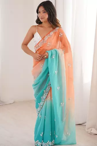 Multicolor embellished sequinned  chiffon heavy work saree