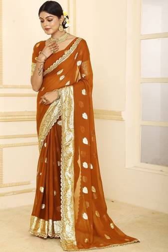 Brown embellished zari  georgette heavy work saree