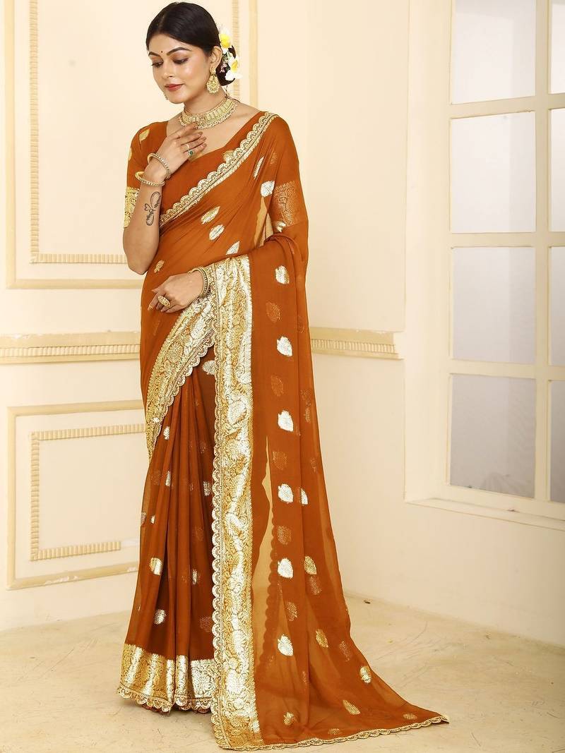 Brown embellished zari  georgette heavy work saree