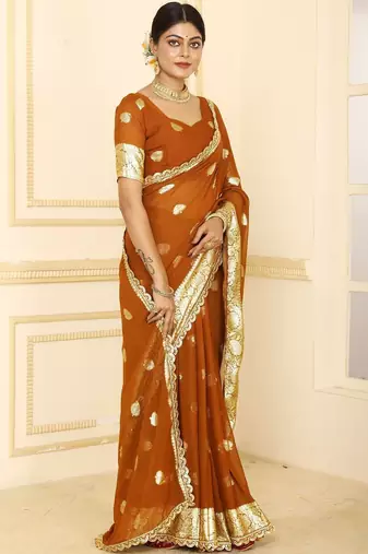 Brown embellished zari  georgette heavy work saree