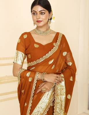Brown embellished zari  georgette heavy work saree 3