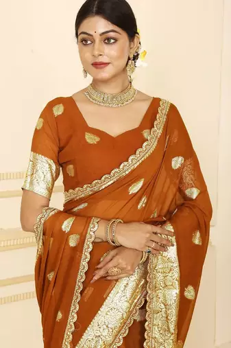 Brown embellished zari  georgette heavy work saree