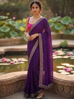 Purple embellished zari  georgette designer saree 1
