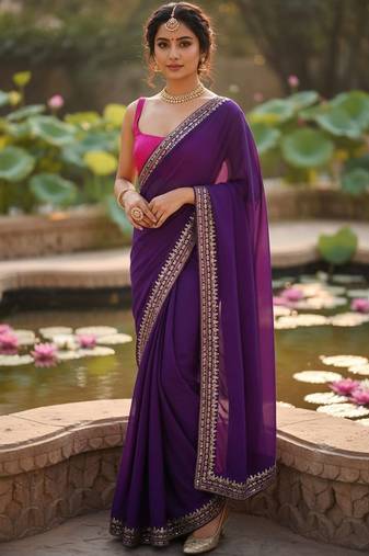 Purple embellished zari  georgette designer saree