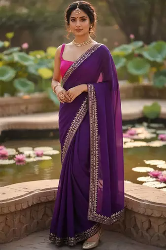 Purple embellished zari  georgette designer saree