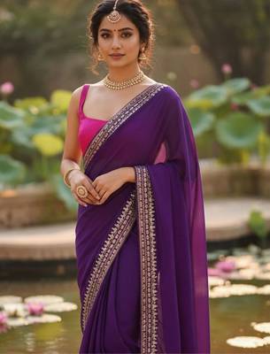 Purple embellished zari  georgette designer saree 2