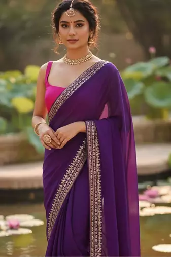 Purple embellished zari  georgette designer saree