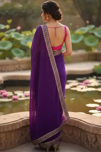 Purple embellished zari  georgette designer saree