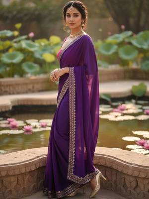 Purple embellished zari  georgette designer saree 5
