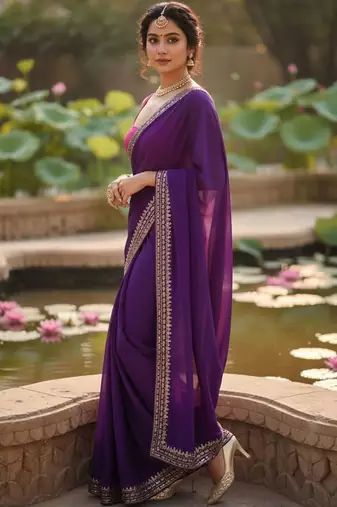 Purple embellished zari  georgette designer saree