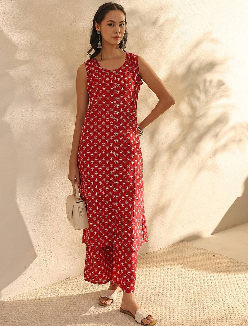 maroon floral printed cotton a-line kurta set