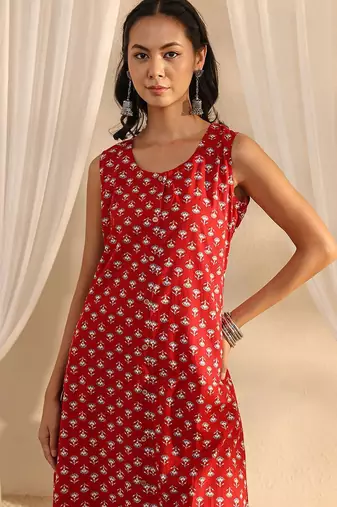 maroon floral printed cotton a-line kurta set