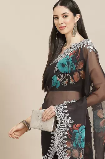 Black black & blue floral organza saree