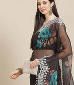 Black black & blue floral organza saree