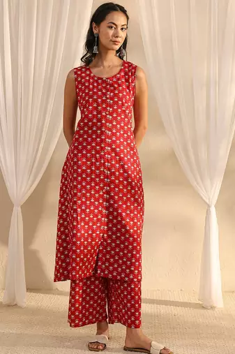 maroon floral printed cotton a-line kurta set