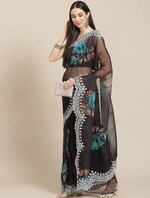 Black black & blue floral organza saree 2
